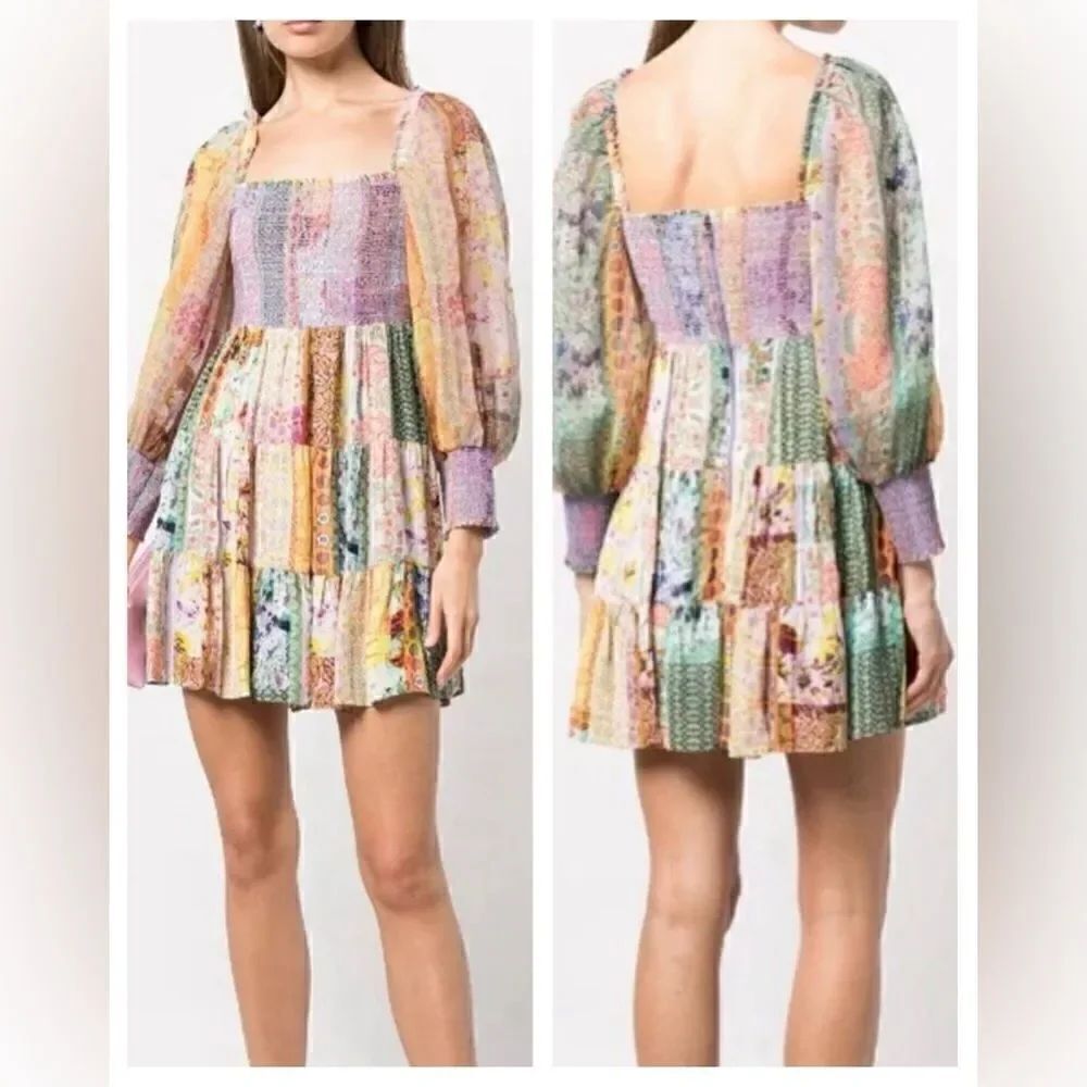Alice + Olivia Rowen Tiered Patchwork Floral Silk $455